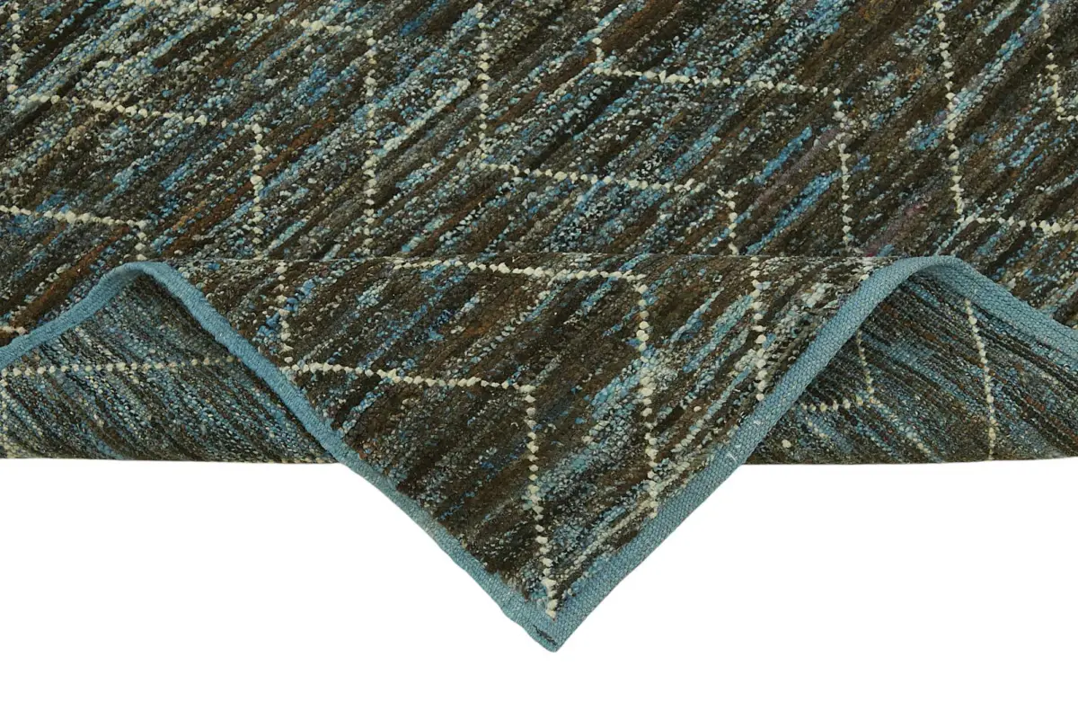 Tribal Modern Dizayn Mavi Pamuk Üzerine Yün El Dokuma Halı-092x344 - Görsel 6