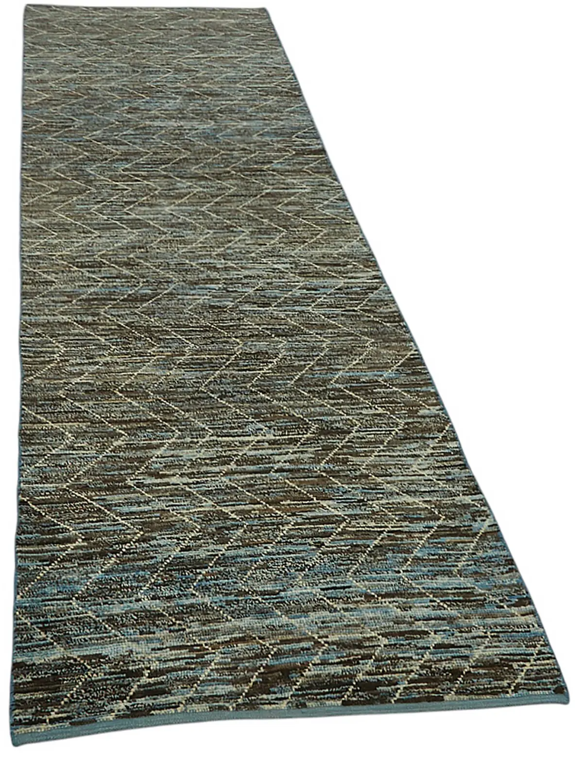 Tribal Modern Dizayn Mavi Pamuk Üzerine Yün El Dokuma Halı-086x343 - Görsel 2