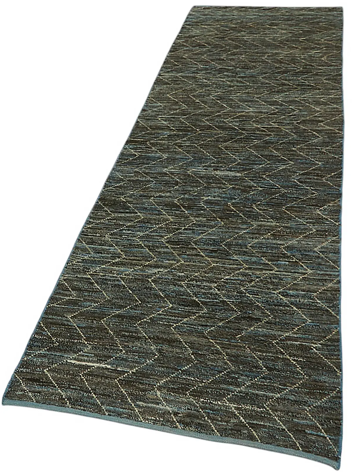 Tribal Modern Dizayn Mavi Pamuk Üzerine Yün El Dokuma Halı-086x343 - Görsel 3