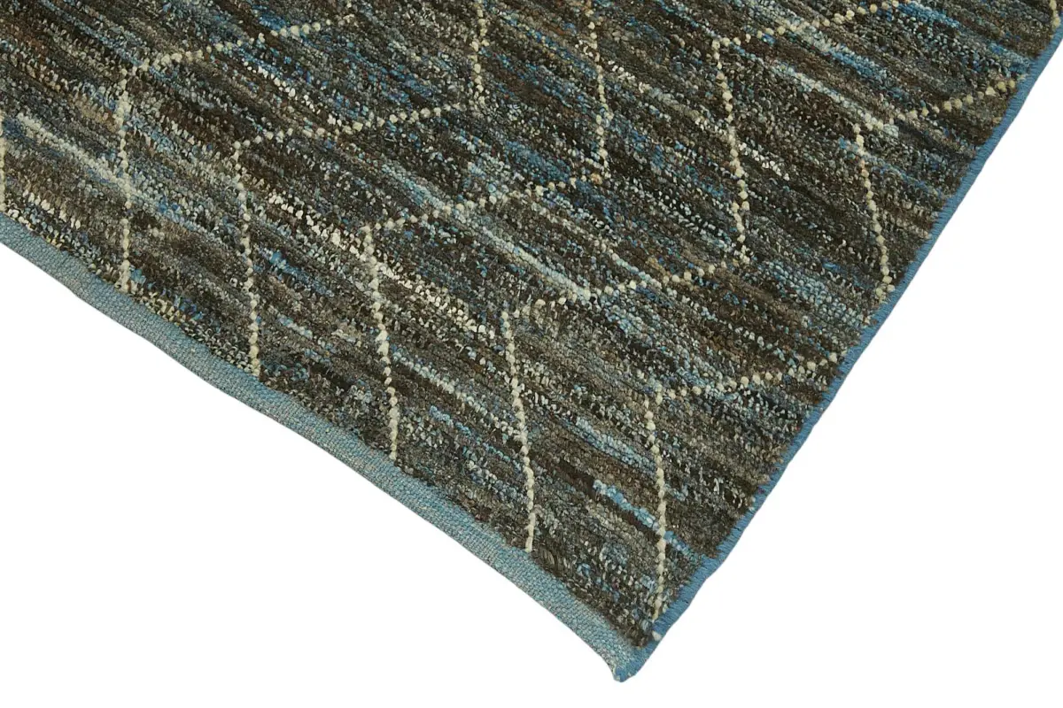 Tribal Modern Dizayn Mavi Pamuk Üzerine Yün El Dokuma Halı-086x343 - Görsel 4