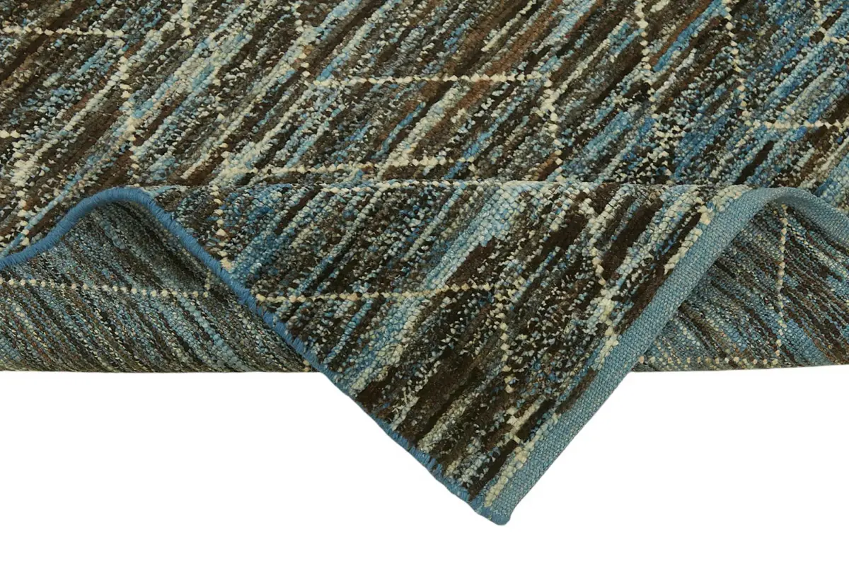 Tribal Modern Dizayn Mavi Pamuk Üzerine Yün El Dokuma Halı-086x343 - Görsel 6