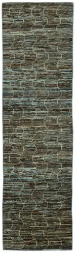 Tribal Modern Dizayn Mavi Pamuk Üzerine Yün El Dokuma Halı-091x341