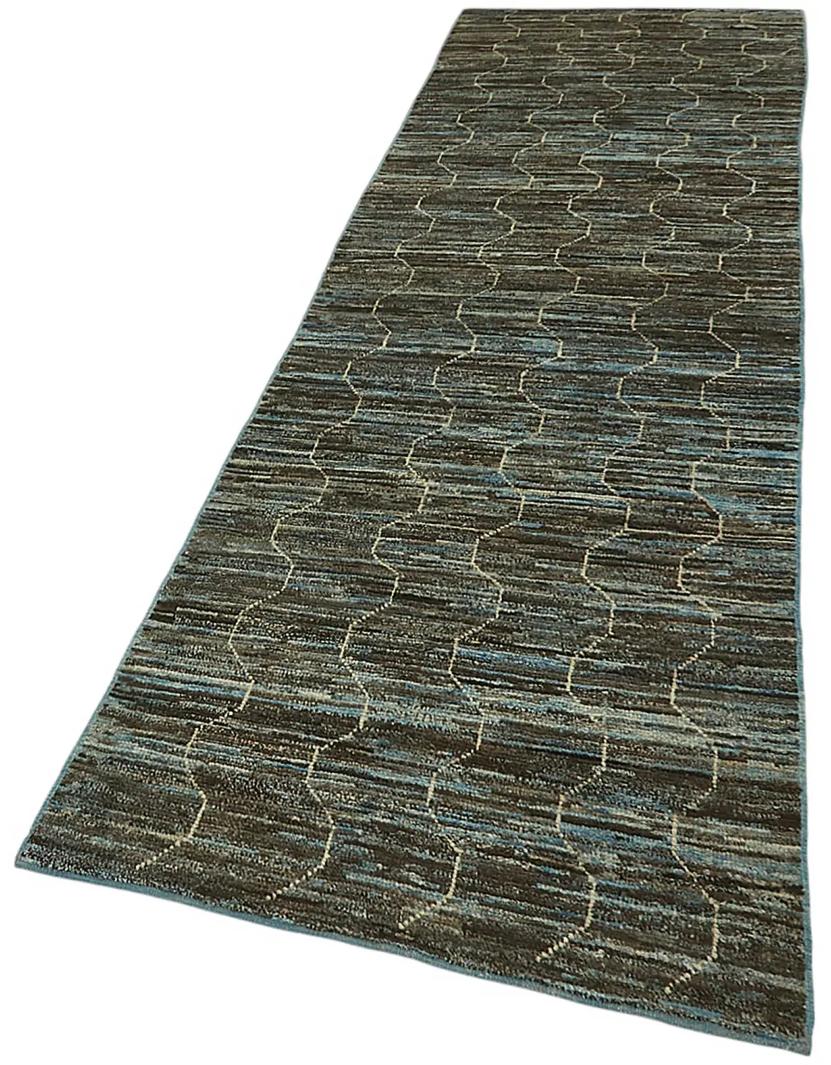 Tribal Modern Dizayn Mavi Pamuk Üzerine Yün El Dokuma Halı-091x341 - Görsel 3