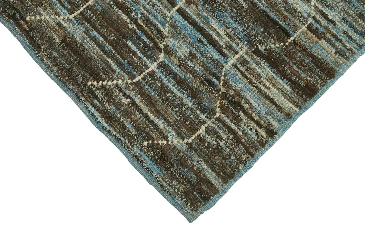 Tribal Modern Dizayn Mavi Pamuk Üzerine Yün El Dokuma Halı-091x341 - Görsel 4