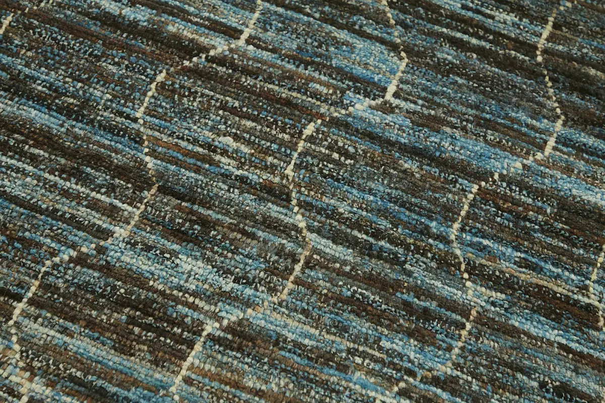 Tribal Modern Dizayn Mavi Pamuk Üzerine Yün El Dokuma Halı-091x341 - Görsel 5