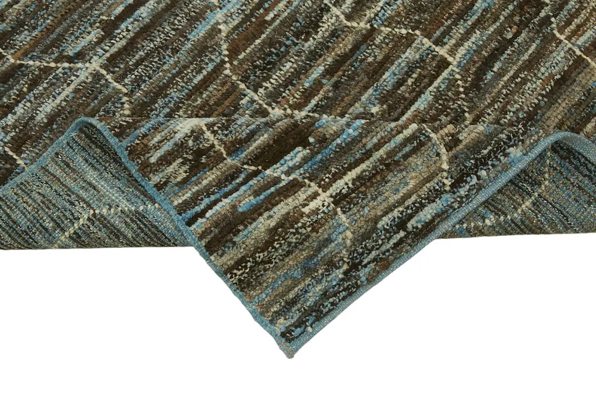 Tribal Modern Dizayn Mavi Pamuk Üzerine Yün El Dokuma Halı-091x341 - Görsel 6