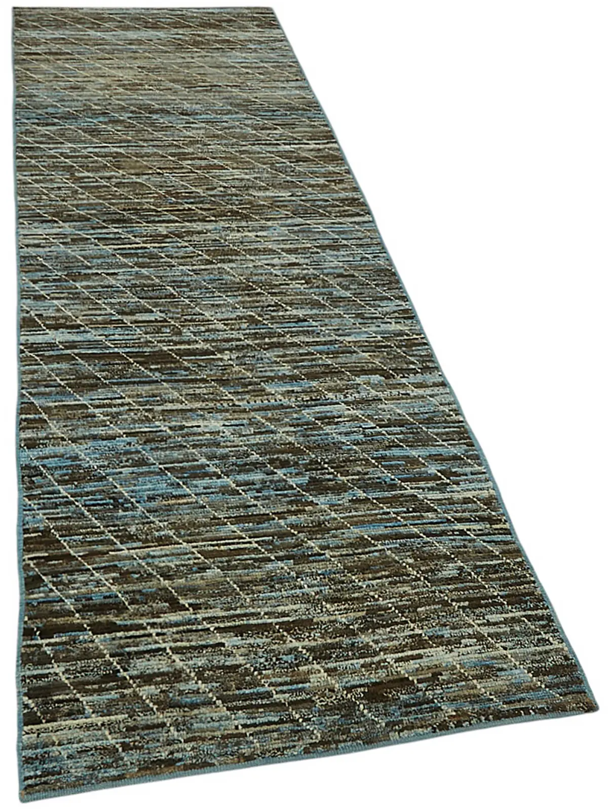 Tribal Modern Dizayn Mavi Pamuk Üzerine Yün El Dokuma Halı-081x300 - Görsel 2