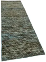 Tribal Modern Dizayn Mavi Pamuk Üzerine Yün El Dokuma Halı-081x300 - Görsel 2