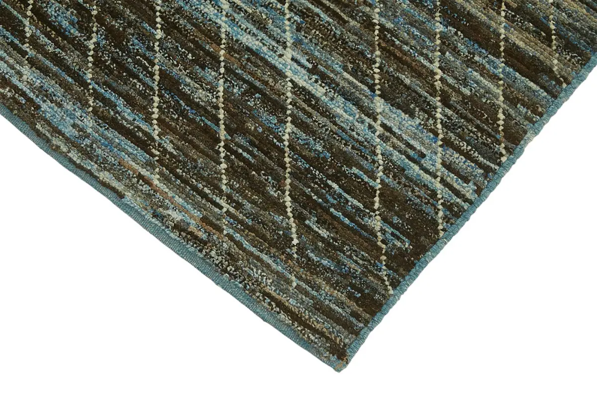 Tribal Modern Dizayn Mavi Pamuk Üzerine Yün El Dokuma Halı-081x300 - Görsel 4