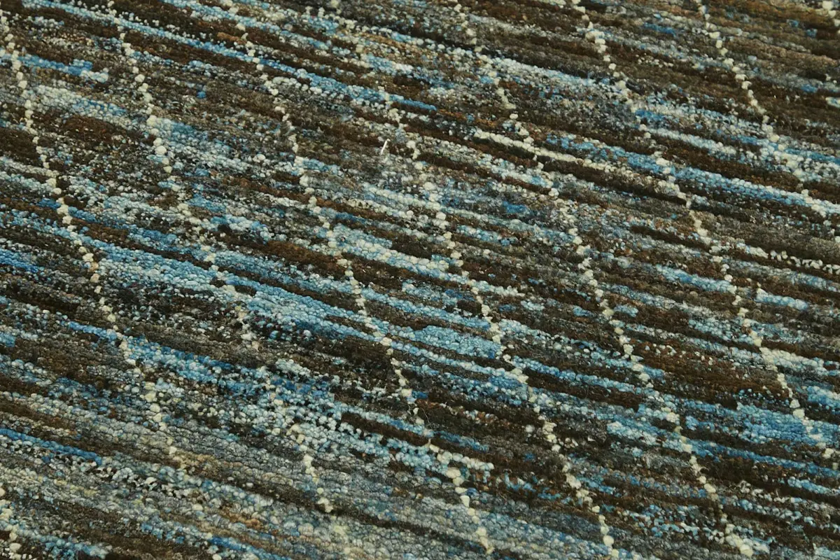 Tribal Modern Dizayn Mavi Pamuk Üzerine Yün El Dokuma Halı-081x300 - Görsel 5