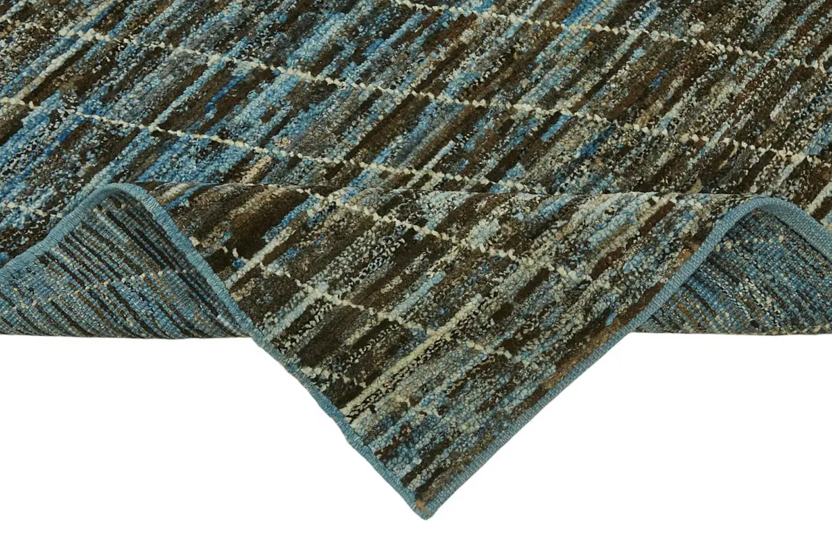 Tribal Modern Dizayn Mavi Pamuk Üzerine Yün El Dokuma Halı-081x300 - Görsel 6