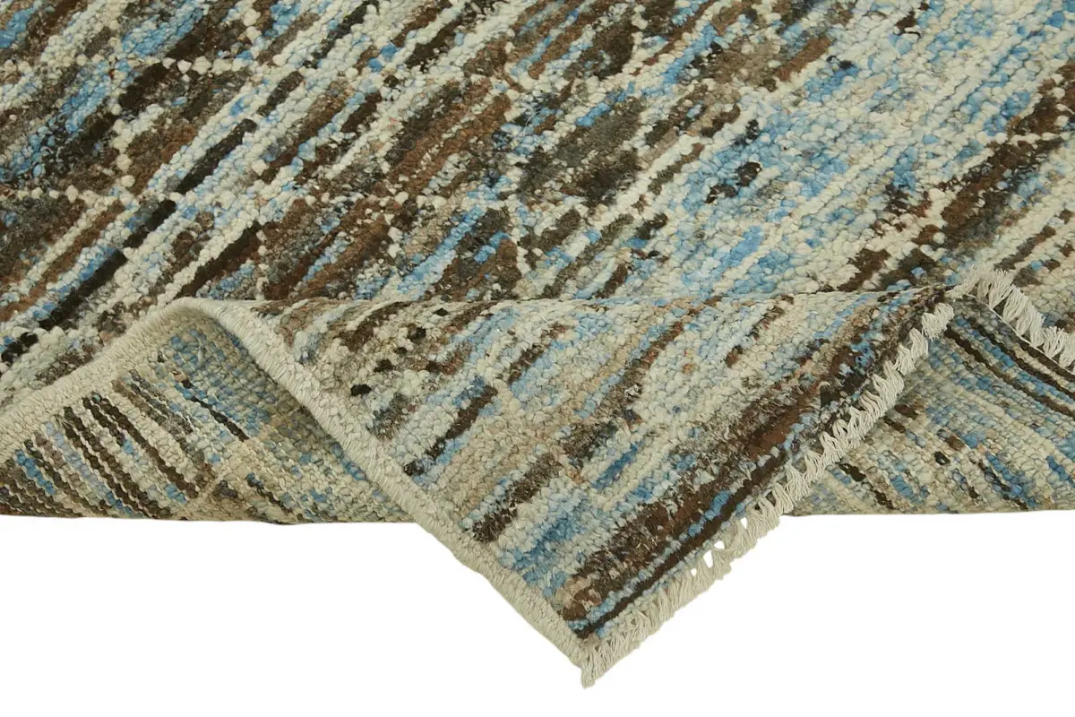 Tribal Modern Dizayn Bej Pamuk Üzerine Yün El Dokuma Halı-086x333 - Görsel 6