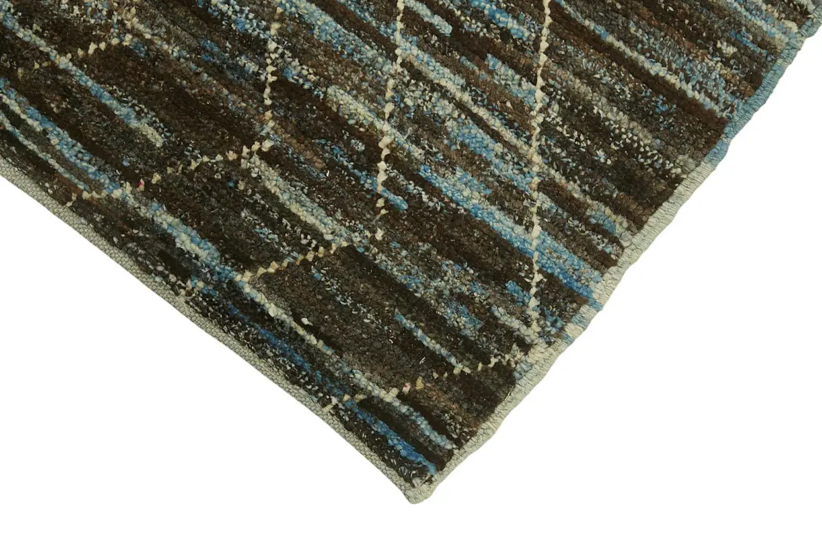 Tribal Modern Dizayn Mavi Pamuk Üzerine Yün El Dokuma Halı-086x295 - Görsel 4