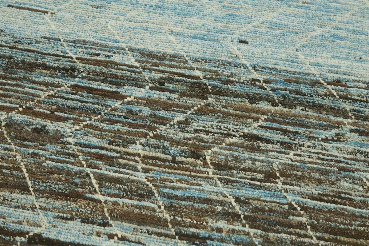 Tribal Modern Dizayn Mavi Pamuk Üzerine Yün El Dokuma Halı-086x295 - Görsel 5