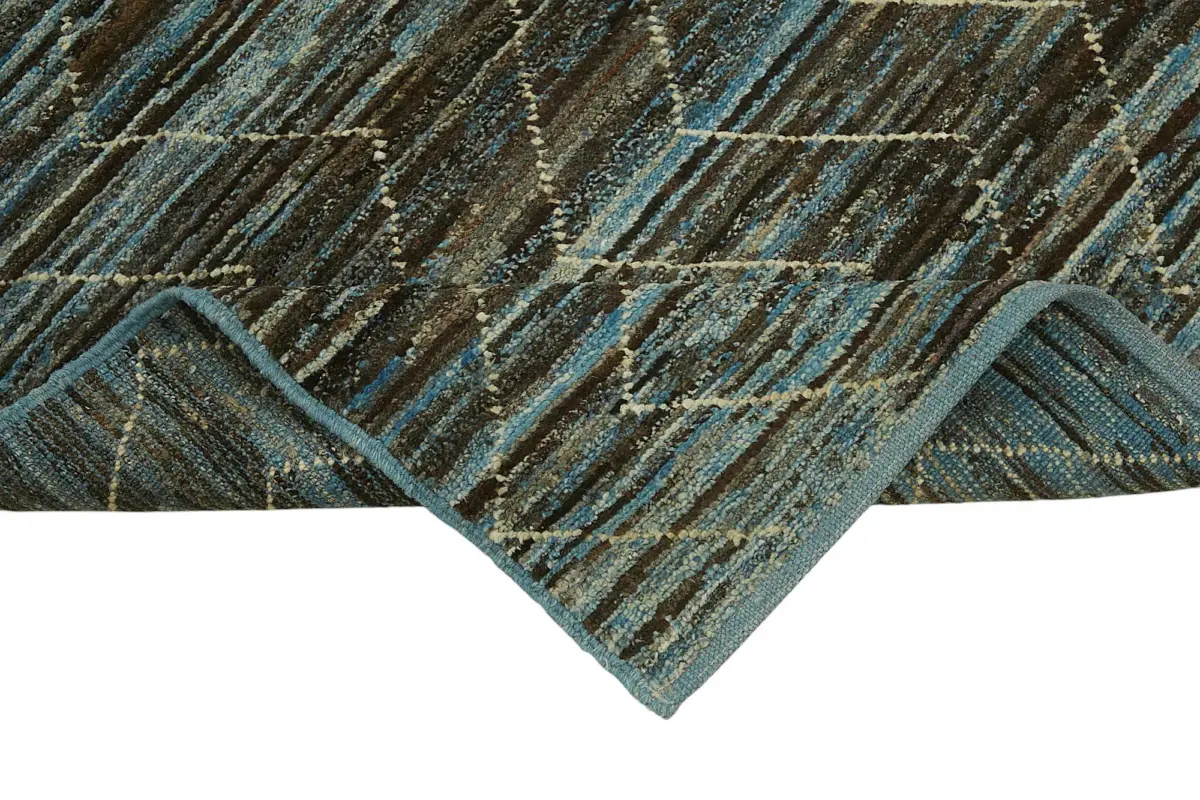 Tribal Modern Dizayn Mavi Pamuk Üzerine Yün El Dokuma Halı-086x295 - Görsel 6