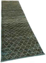 Tribal Modern Dizayn Mavi Pamuk Üzerine Yün El Dokuma Halı-091x297 - Görsel 2