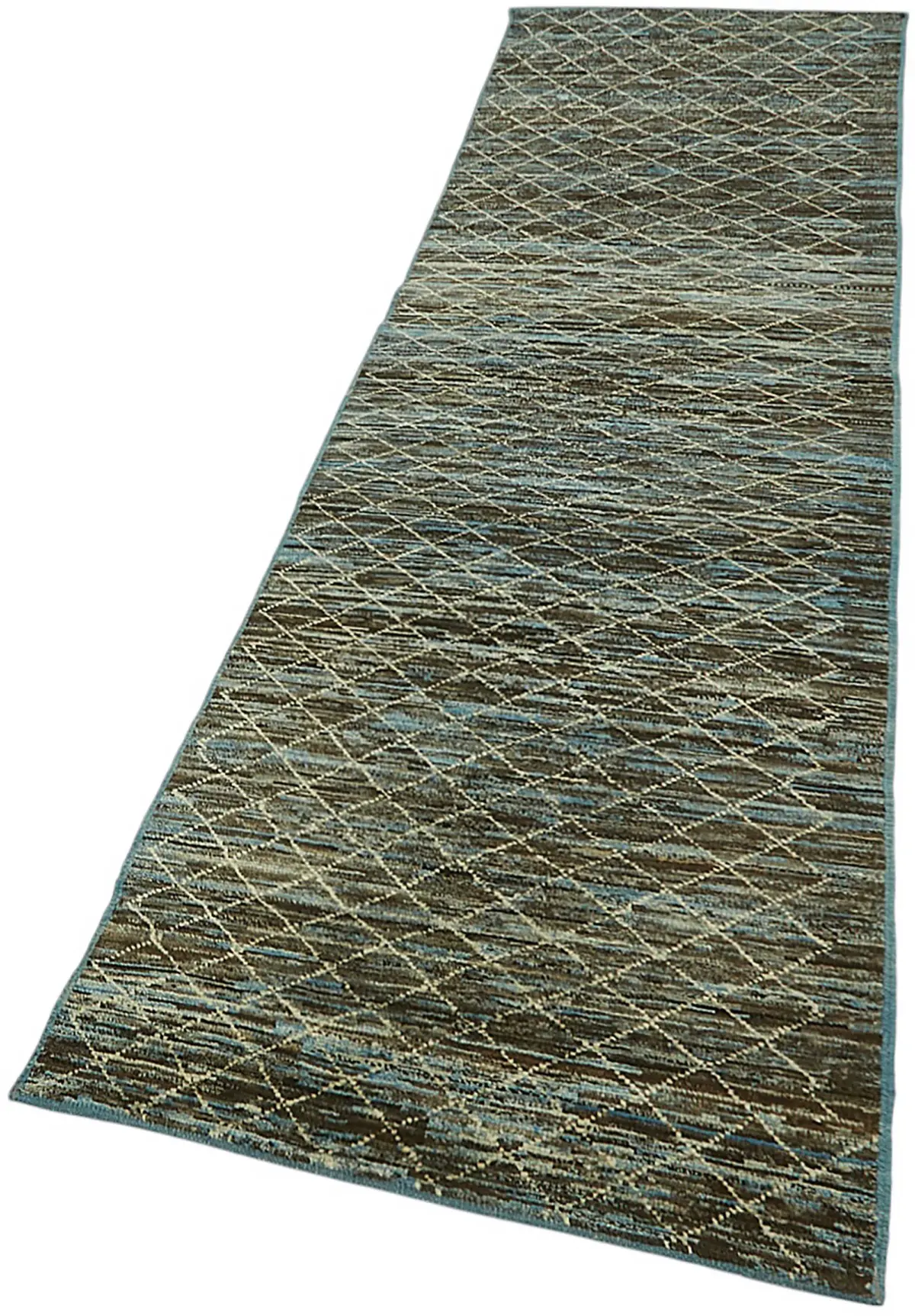 Tribal Modern Dizayn Mavi Pamuk Üzerine Yün El Dokuma Halı-091x297 - Görsel 3