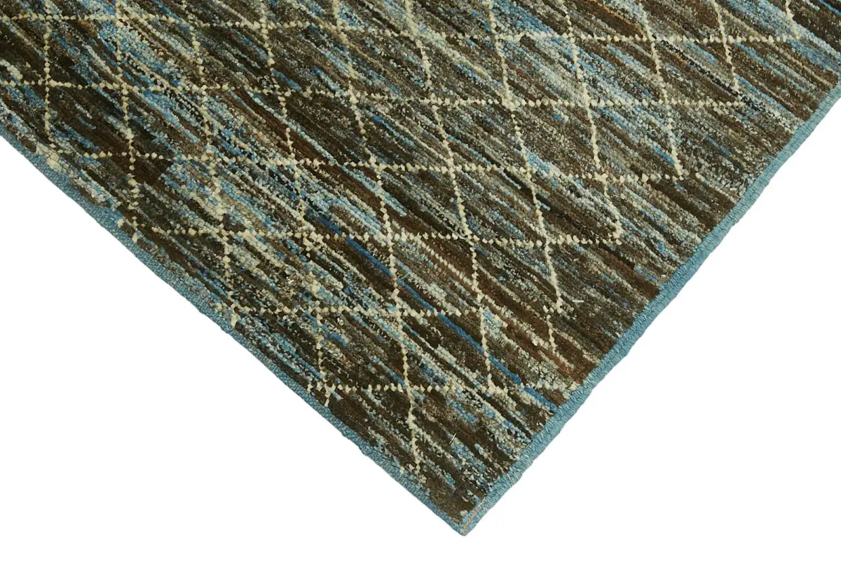 Tribal Modern Dizayn Mavi Pamuk Üzerine Yün El Dokuma Halı-091x297 - Görsel 4