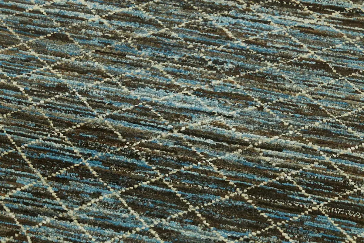 Tribal Modern Dizayn Mavi Pamuk Üzerine Yün El Dokuma Halı-091x297 - Görsel 5