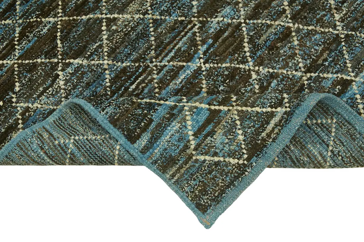 Tribal Modern Dizayn Mavi Pamuk Üzerine Yün El Dokuma Halı-091x297 - Görsel 6