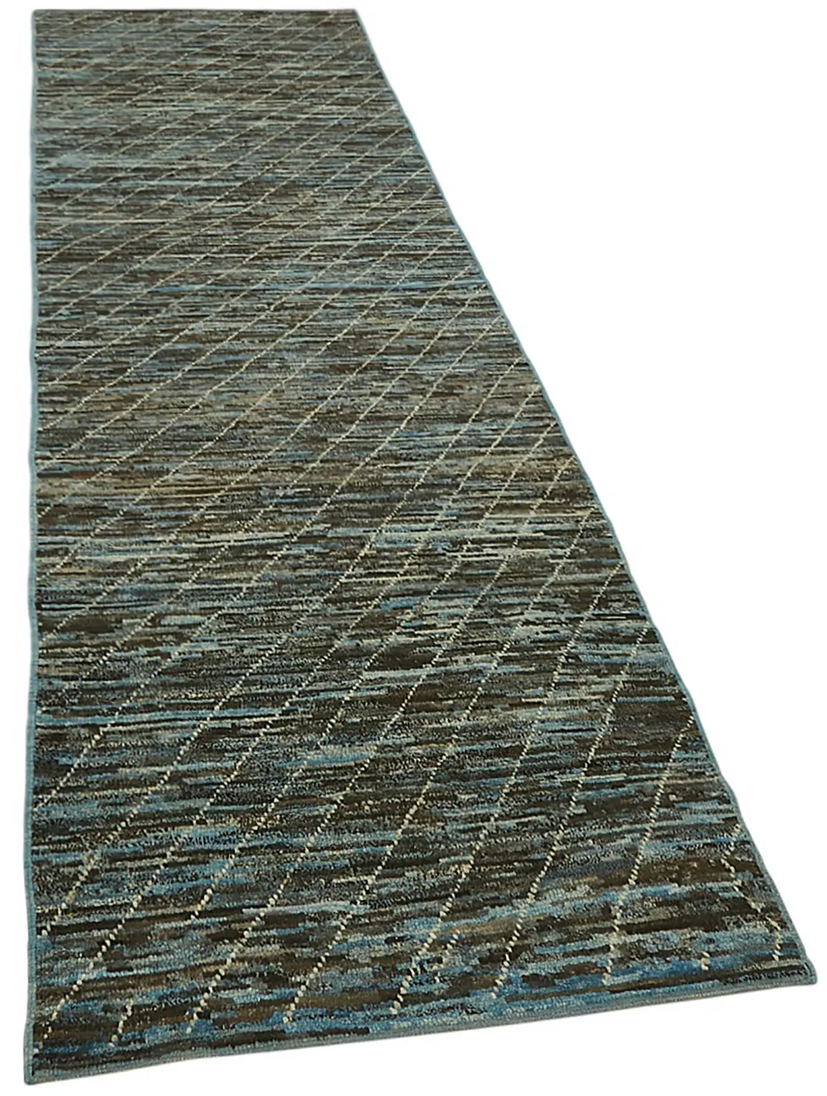 Tribal Modern Dizayn Mavi Pamuk Üzerine Yün El Dokuma Halı-089x343 - Görsel 2