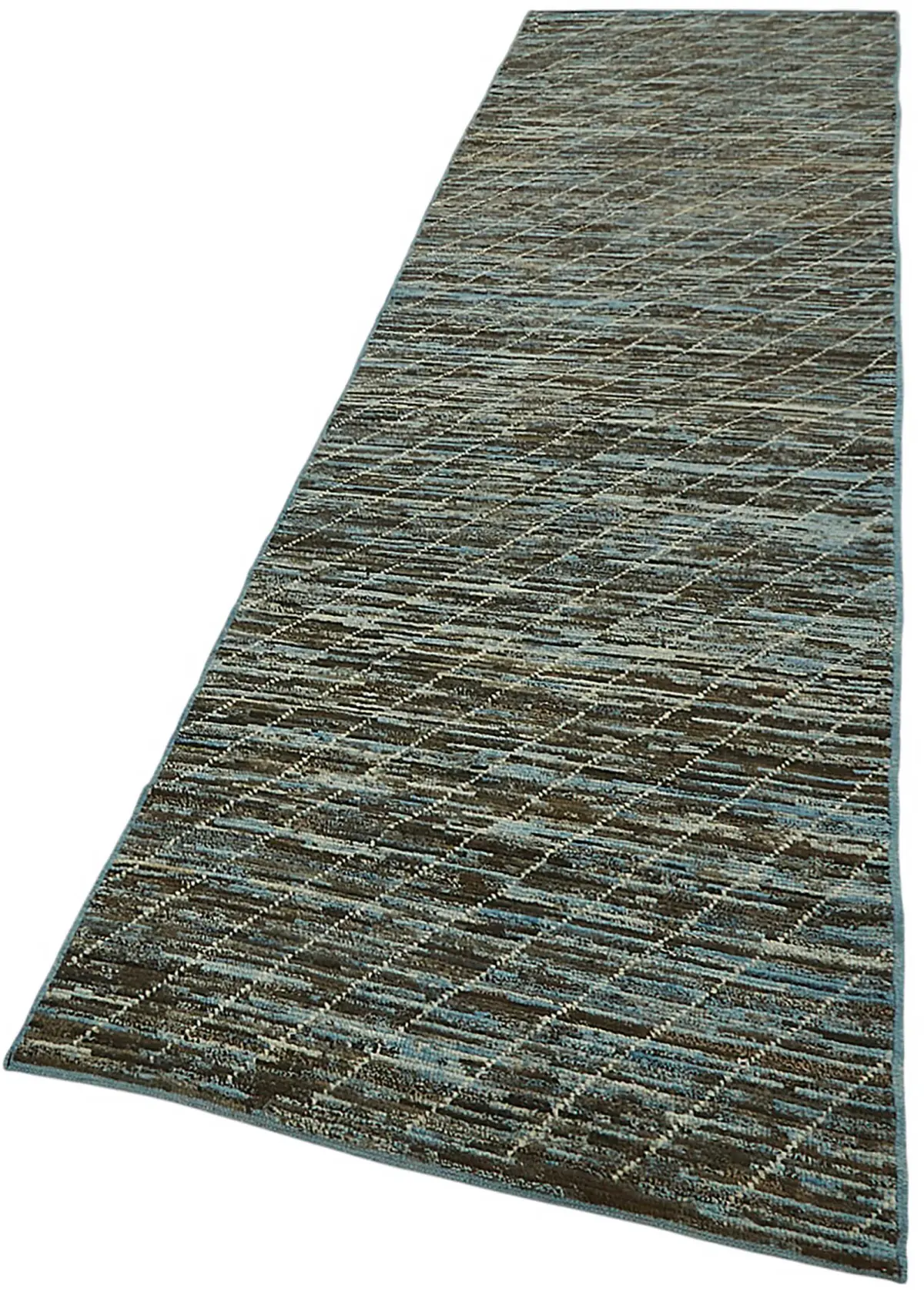 Tribal Modern Dizayn Mavi Pamuk Üzerine Yün El Dokuma Halı-089x343 - Görsel 3