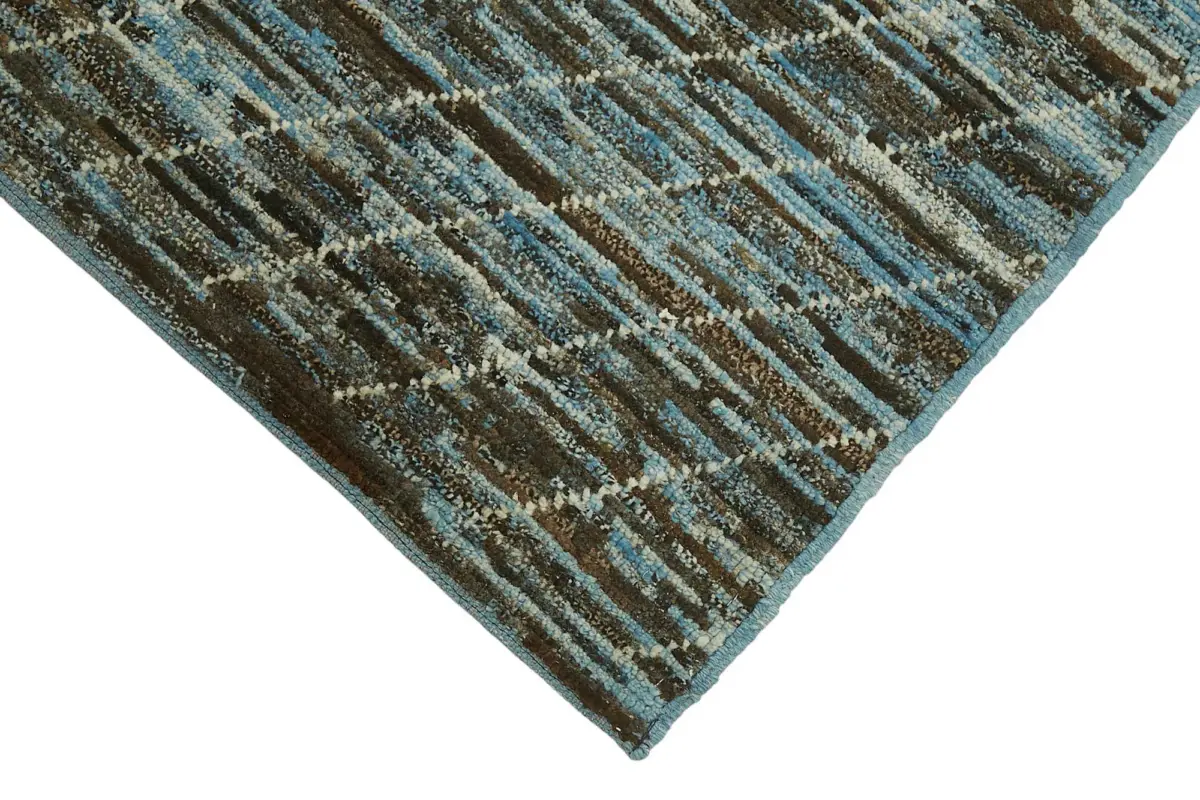 Tribal Modern Dizayn Mavi Pamuk Üzerine Yün El Dokuma Halı-089x343 - Görsel 4