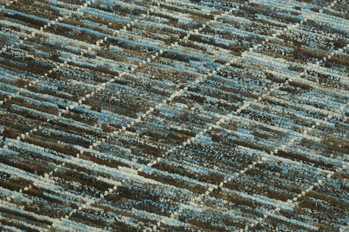 Tribal Modern Dizayn Mavi Pamuk Üzerine Yün El Dokuma Halı-089x343 - Görsel 5