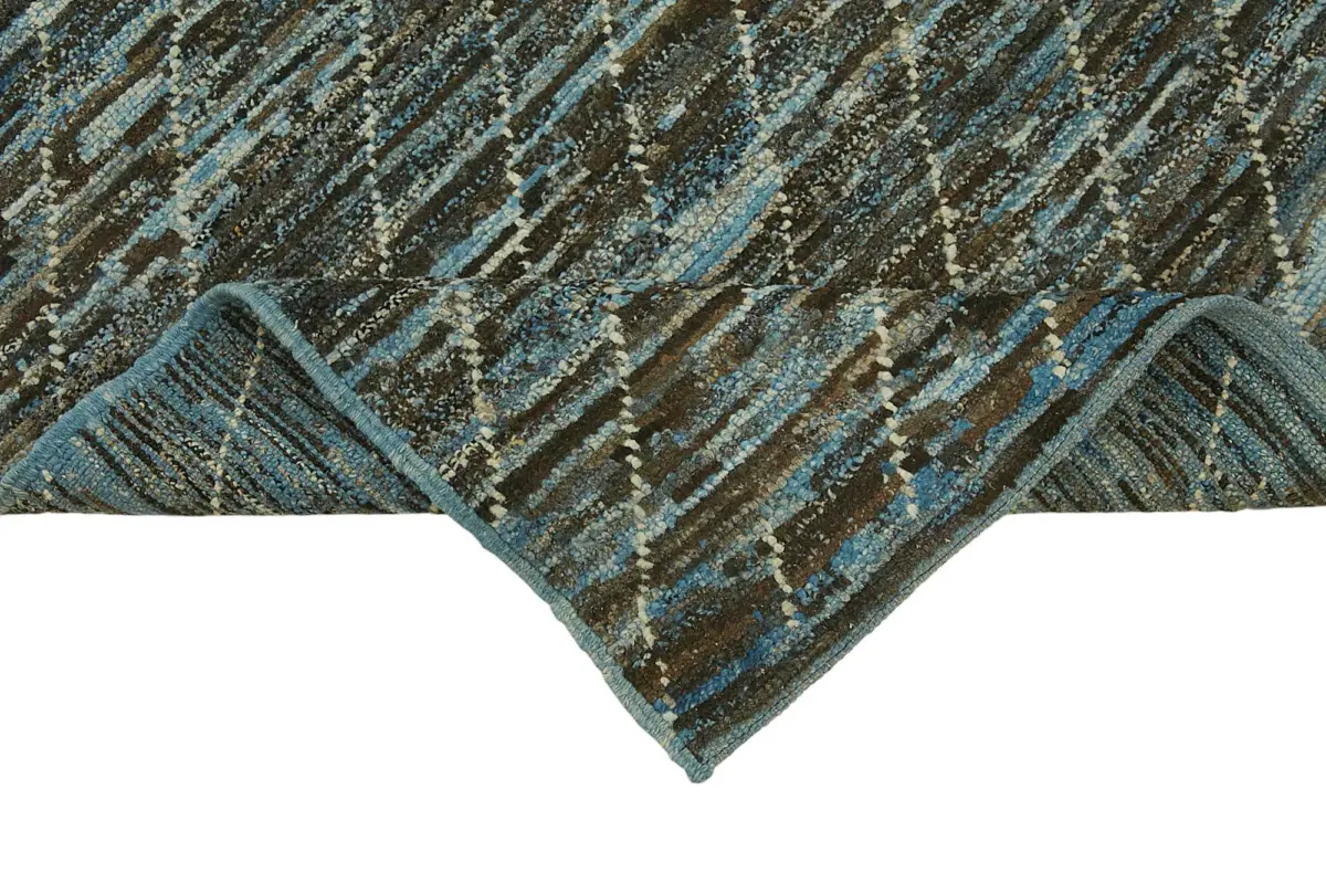 Tribal Modern Dizayn Mavi Pamuk Üzerine Yün El Dokuma Halı-089x343 - Görsel 6