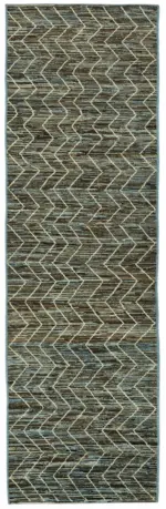 Tribal Modern Dizayn Mavi Pamuk Üzerine Yün El Dokuma Halı-089x345