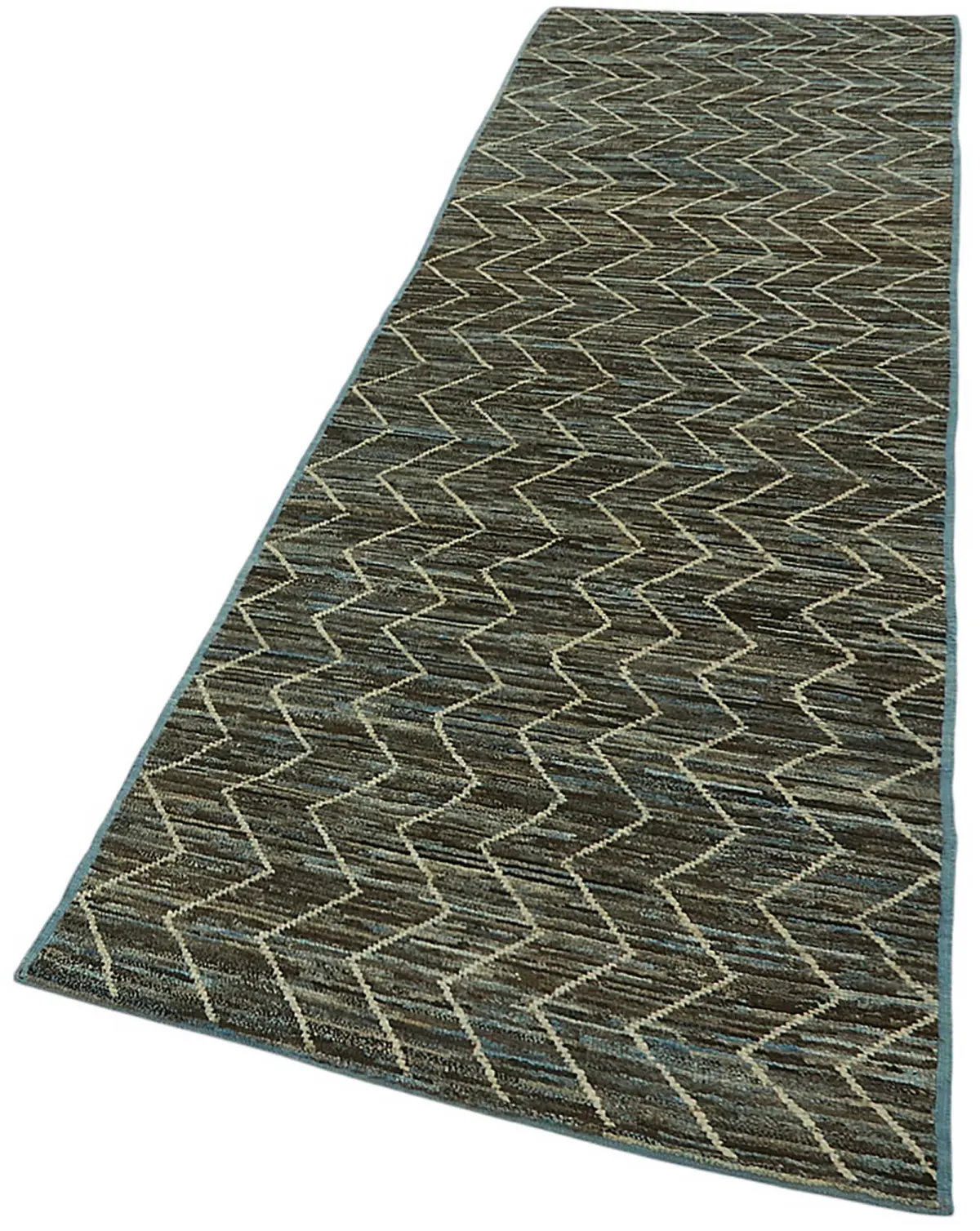 Tribal Modern Dizayn Mavi Pamuk Üzerine Yün El Dokuma Halı-089x345 - Görsel 3