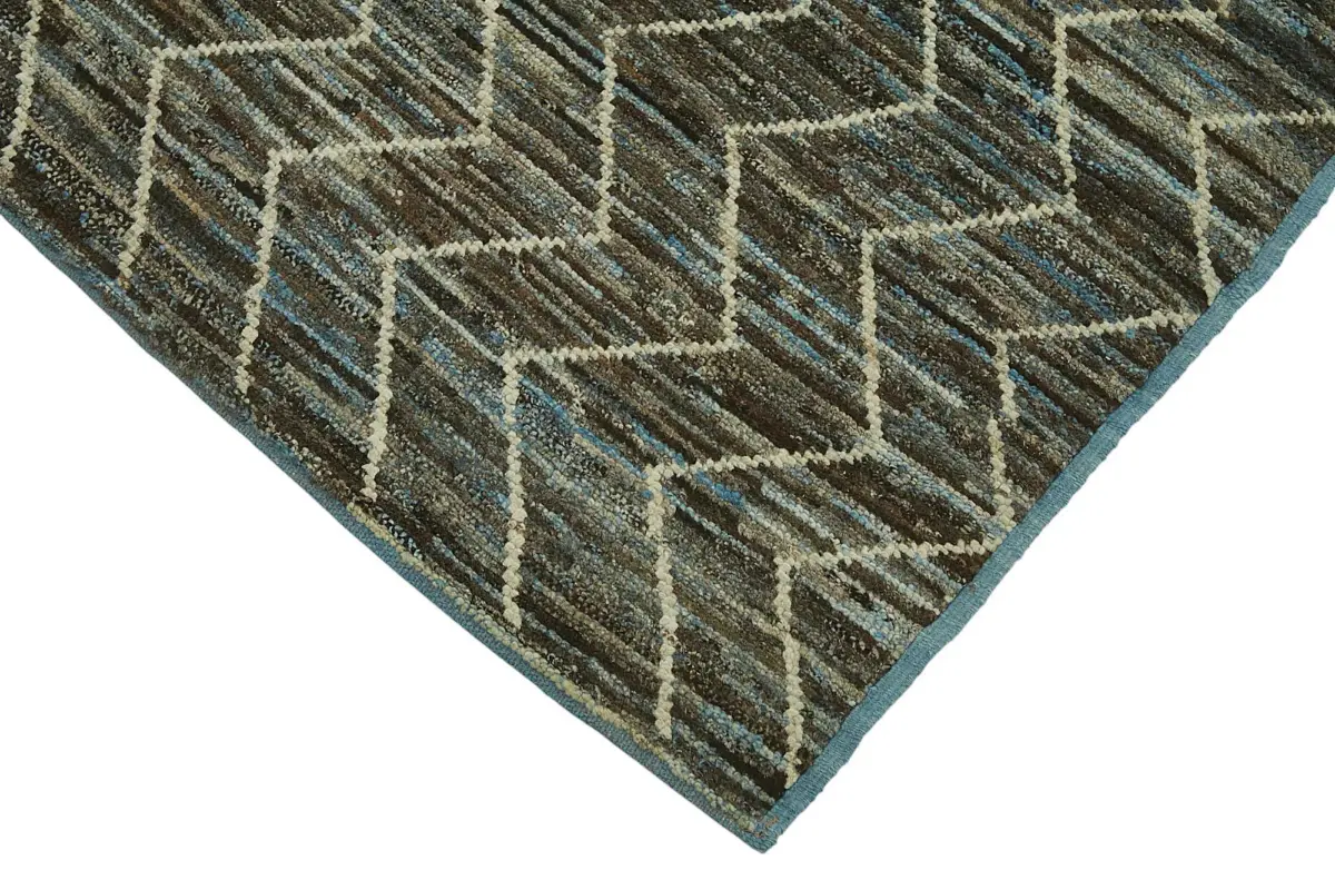 Tribal Modern Dizayn Mavi Pamuk Üzerine Yün El Dokuma Halı-089x345 - Görsel 4