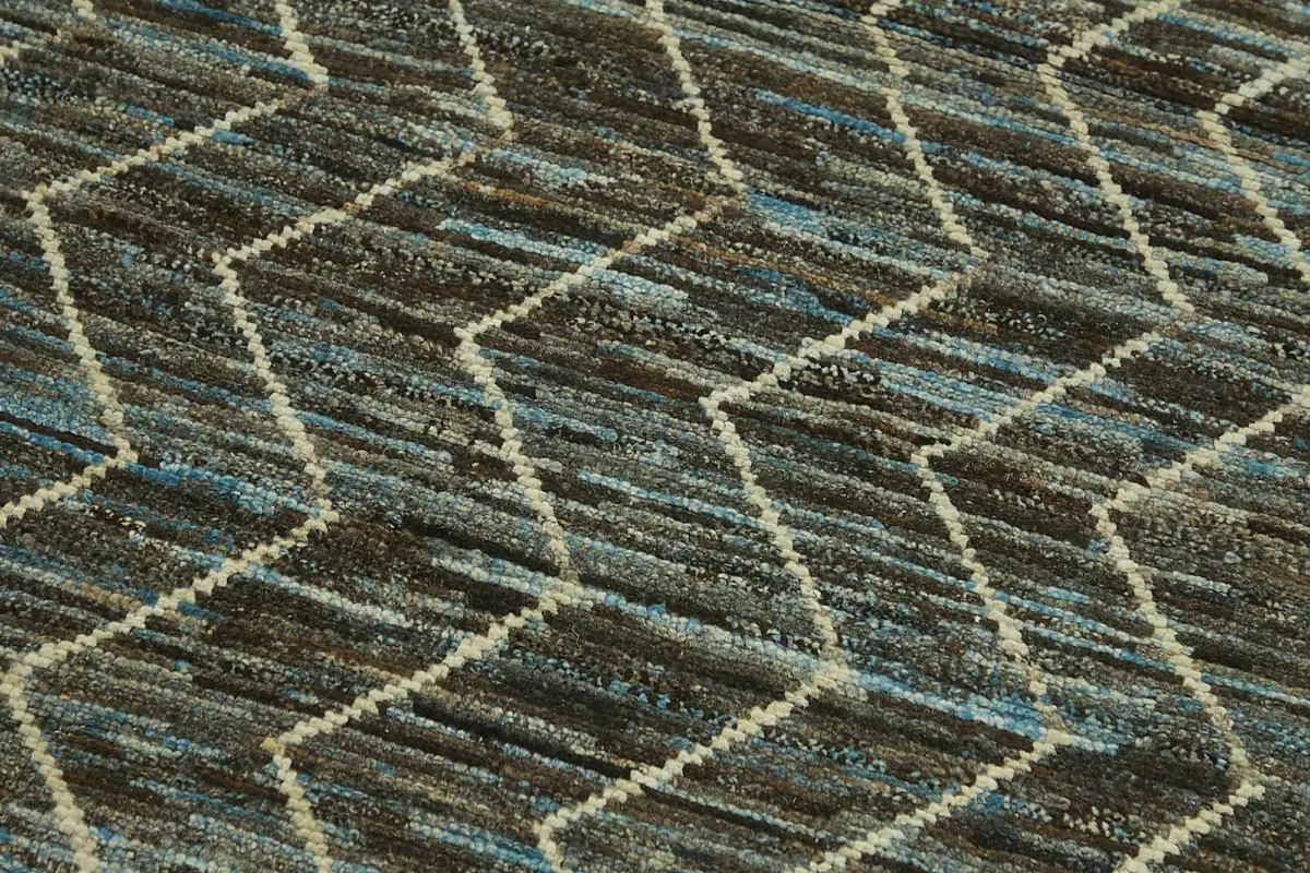 Tribal Modern Dizayn Mavi Pamuk Üzerine Yün El Dokuma Halı-089x345 - Görsel 5