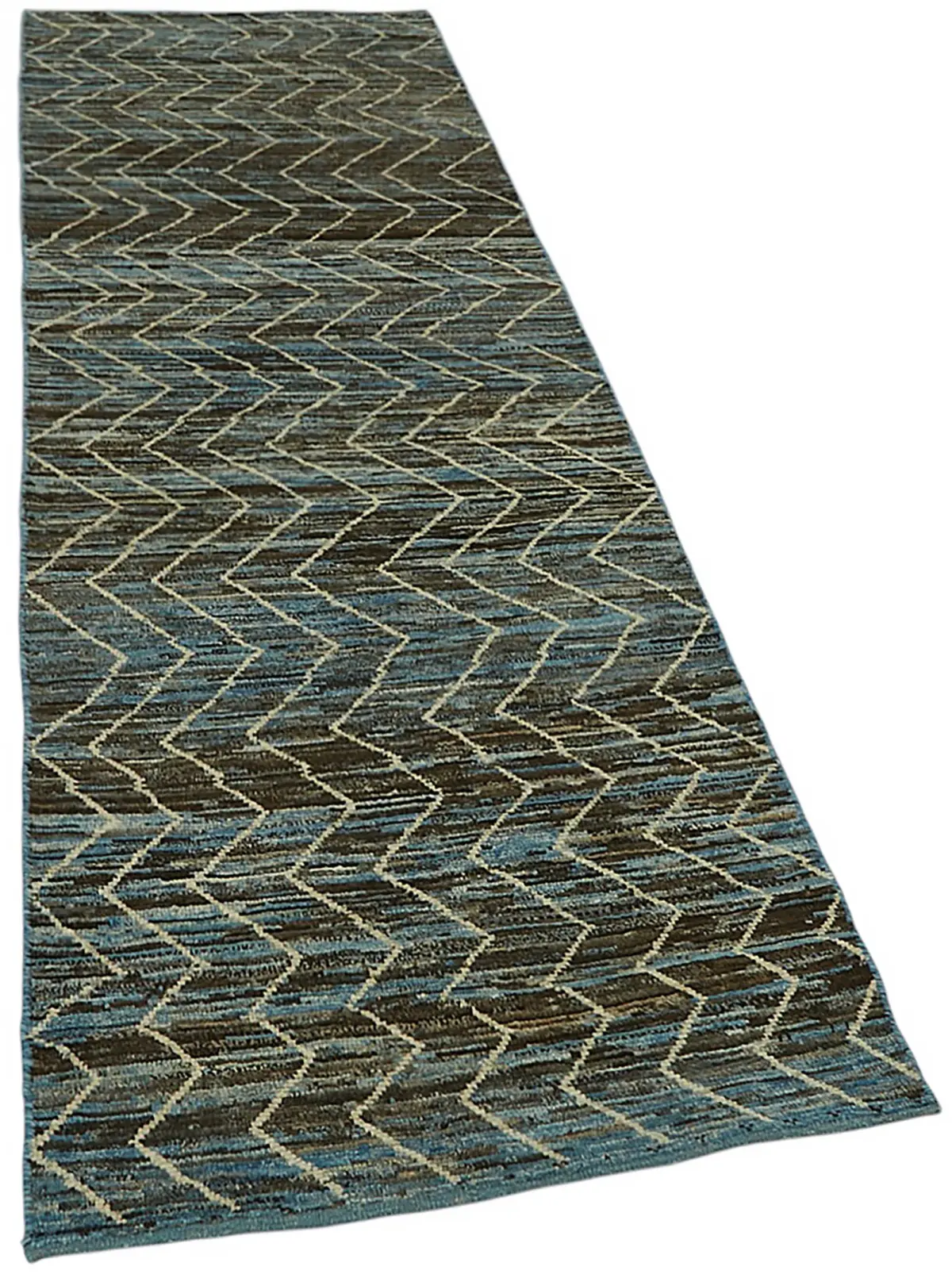 Tribal Modern Dizayn Mavi Pamuk Üzerine Yün El Dokuma Halı-086x295 - Görsel 2