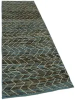 Tribal Modern Dizayn Mavi Pamuk Üzerine Yün El Dokuma Halı-086x295 - Görsel 2