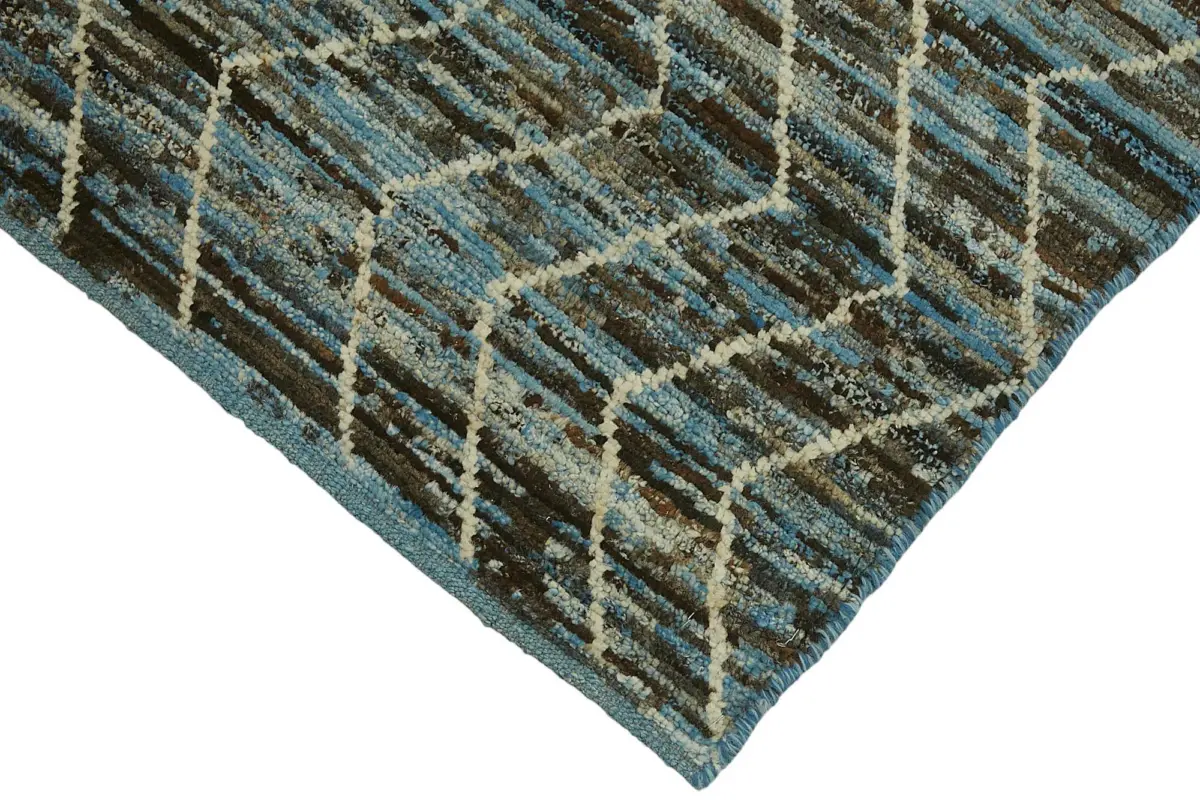 Tribal Modern Dizayn Mavi Pamuk Üzerine Yün El Dokuma Halı-086x295 - Görsel 4