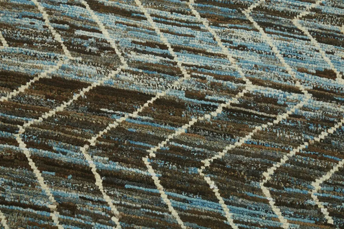 Tribal Modern Dizayn Mavi Pamuk Üzerine Yün El Dokuma Halı-086x295 - Görsel 5