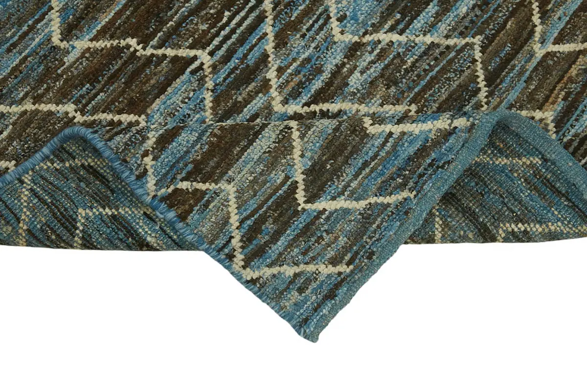 Tribal Modern Dizayn Mavi Pamuk Üzerine Yün El Dokuma Halı-086x295 - Görsel 6