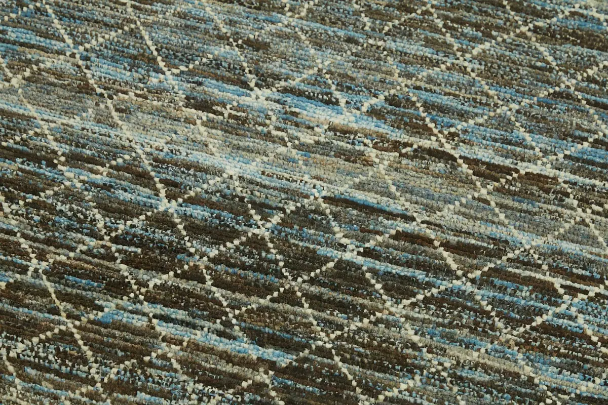 Tribal Modern Dizayn Mavi Pamuk Üzerine Yün El Dokuma Halı-091x305 - Görsel 5