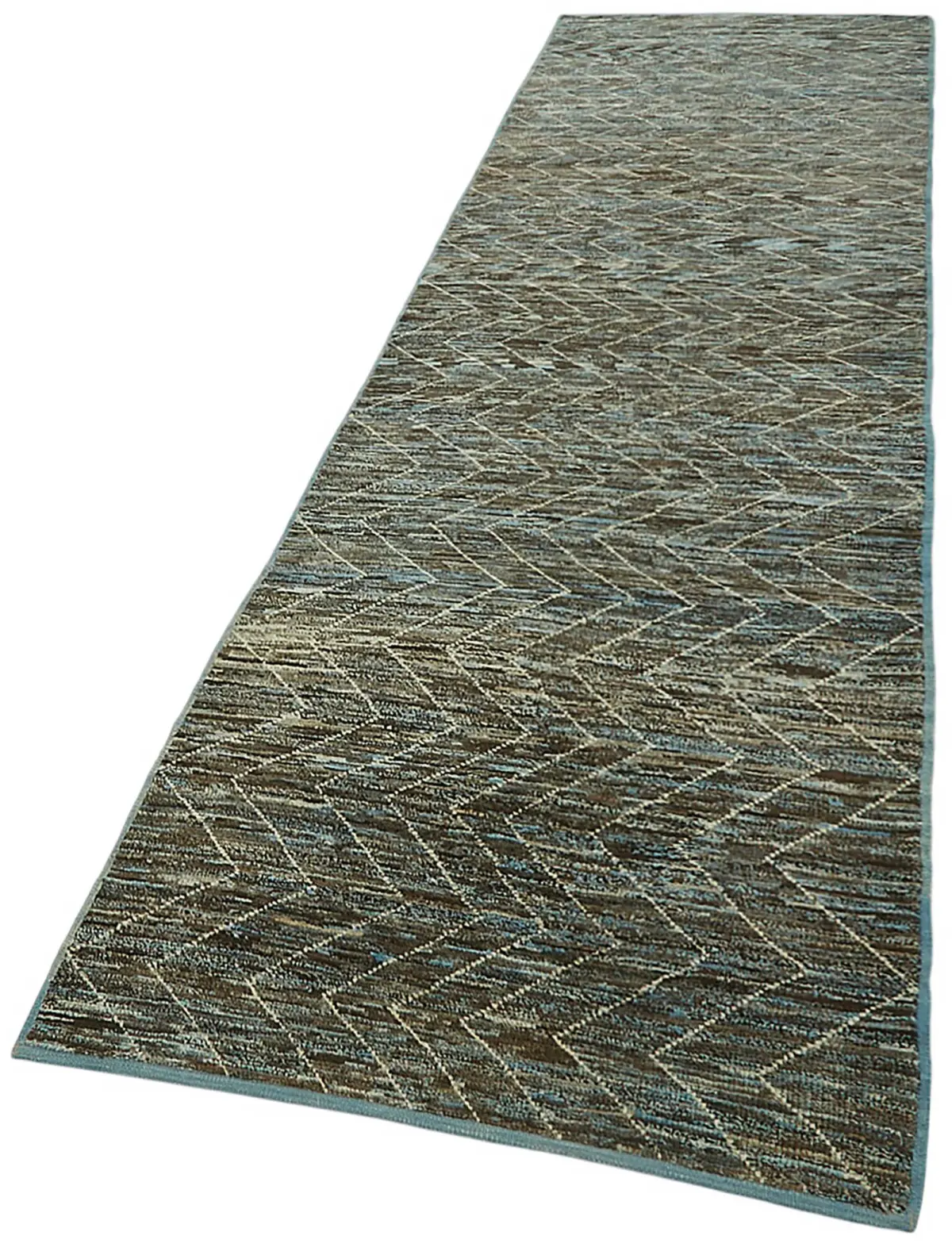 Tribal Modern Dizayn Mavi Pamuk Üzerine Yün El Dokuma Halı-095x360 - Görsel 3