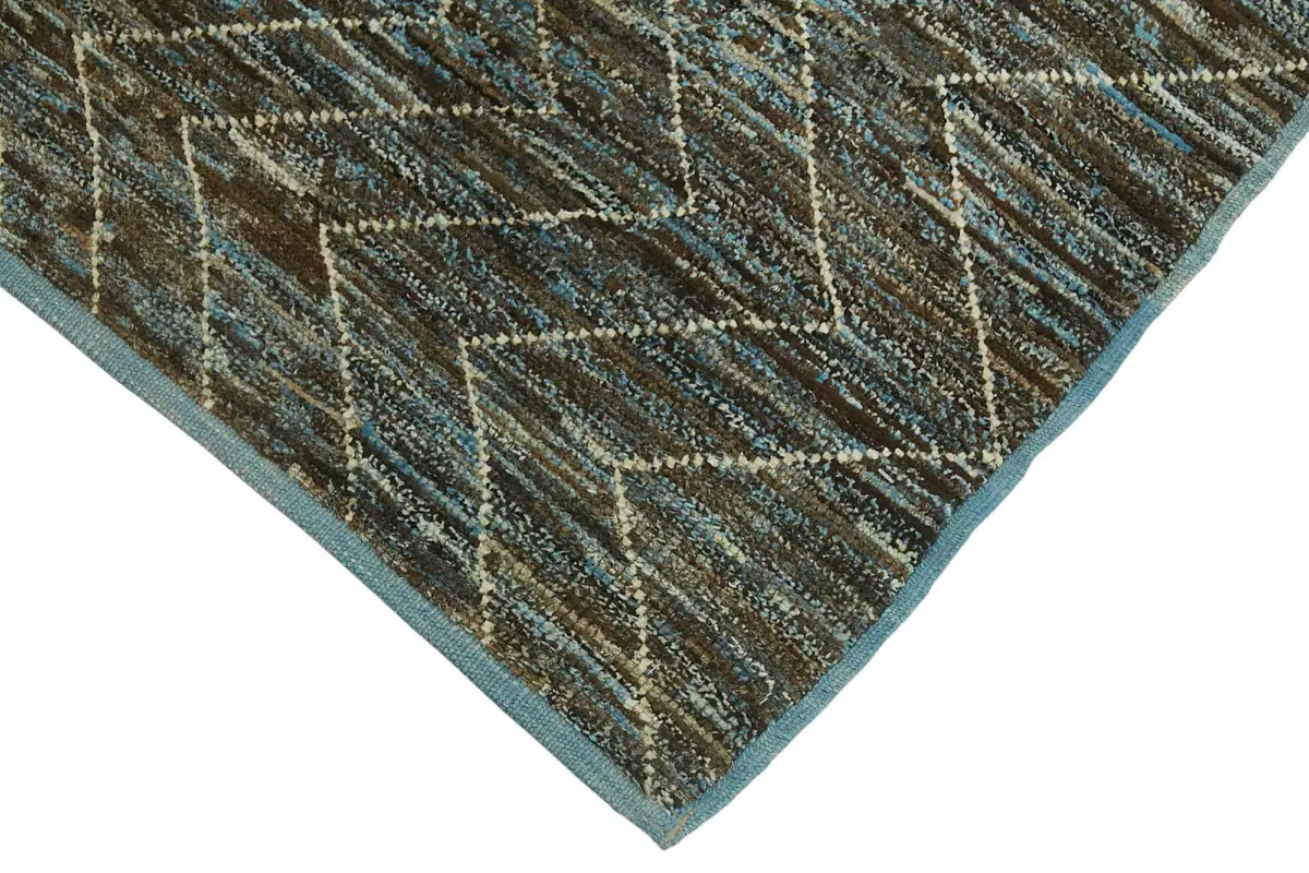 Tribal Modern Dizayn Mavi Pamuk Üzerine Yün El Dokuma Halı-095x360 - Görsel 4