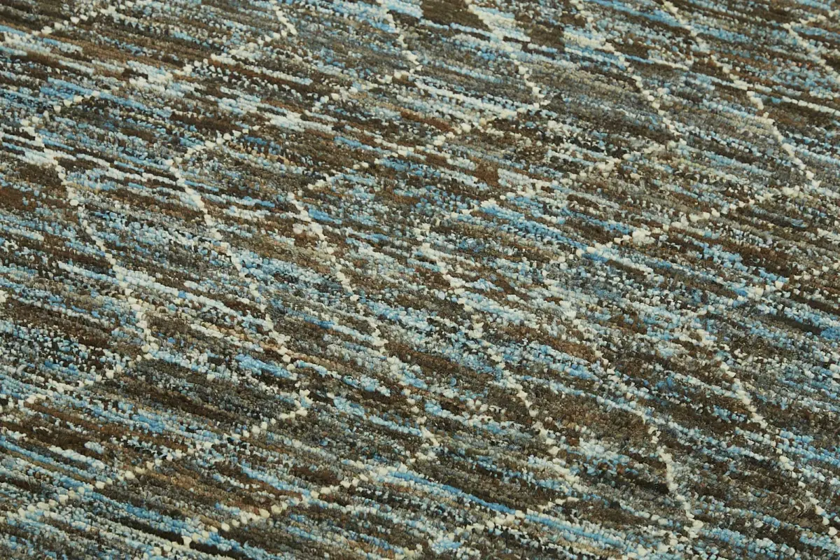 Tribal Modern Dizayn Mavi Pamuk Üzerine Yün El Dokuma Halı-095x360 - Görsel 5