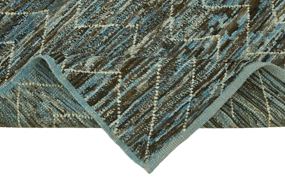 Tribal Modern Dizayn Mavi Pamuk Üzerine Yün El Dokuma Halı-095x360 - Görsel 6