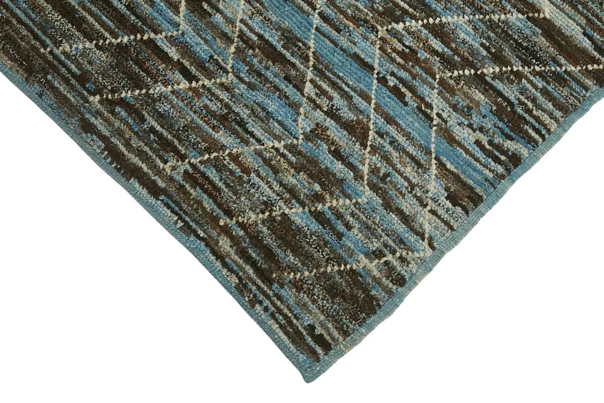 Tribal Modern Dizayn Mavi Pamuk Üzerine Yün El Dokuma Halı-090x351 - Görsel 4