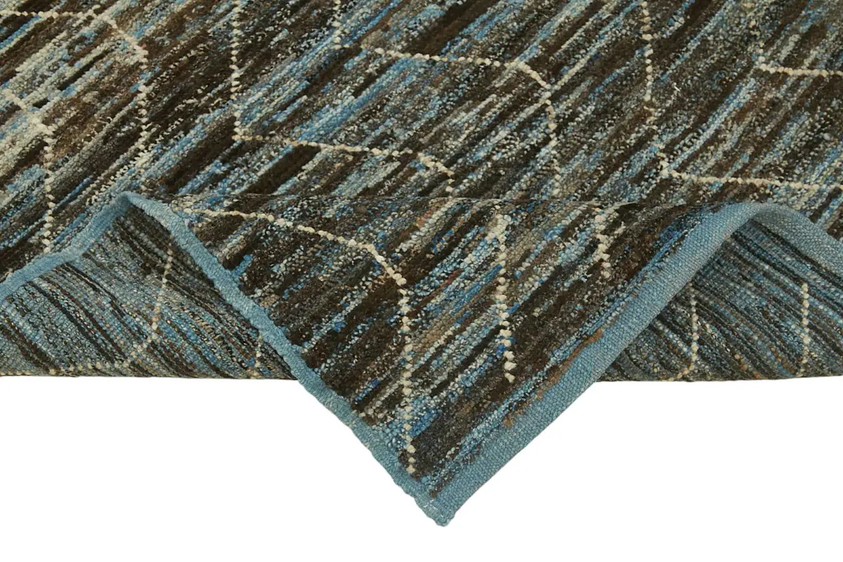 Tribal Modern Dizayn Mavi Pamuk Üzerine Yün El Dokuma Halı-090x351 - Görsel 6