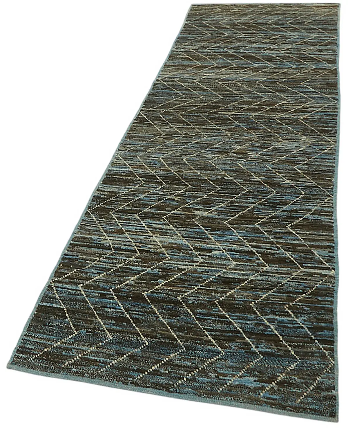 Tribal Modern Dizayn Mavi Pamuk Üzerine Yün El Dokuma Halı-091x295 - Görsel 3