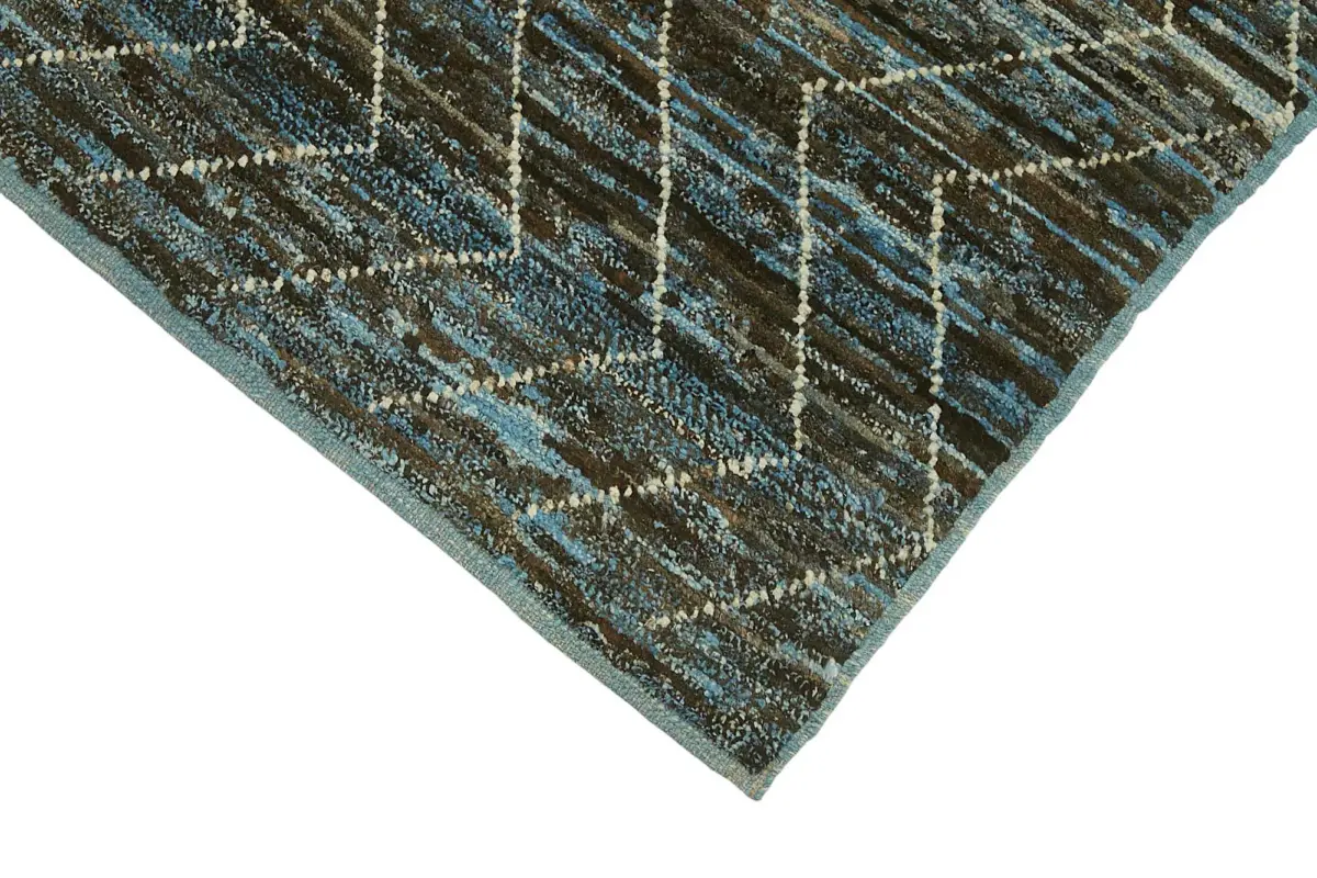 Tribal Modern Dizayn Mavi Pamuk Üzerine Yün El Dokuma Halı-091x295 - Görsel 4