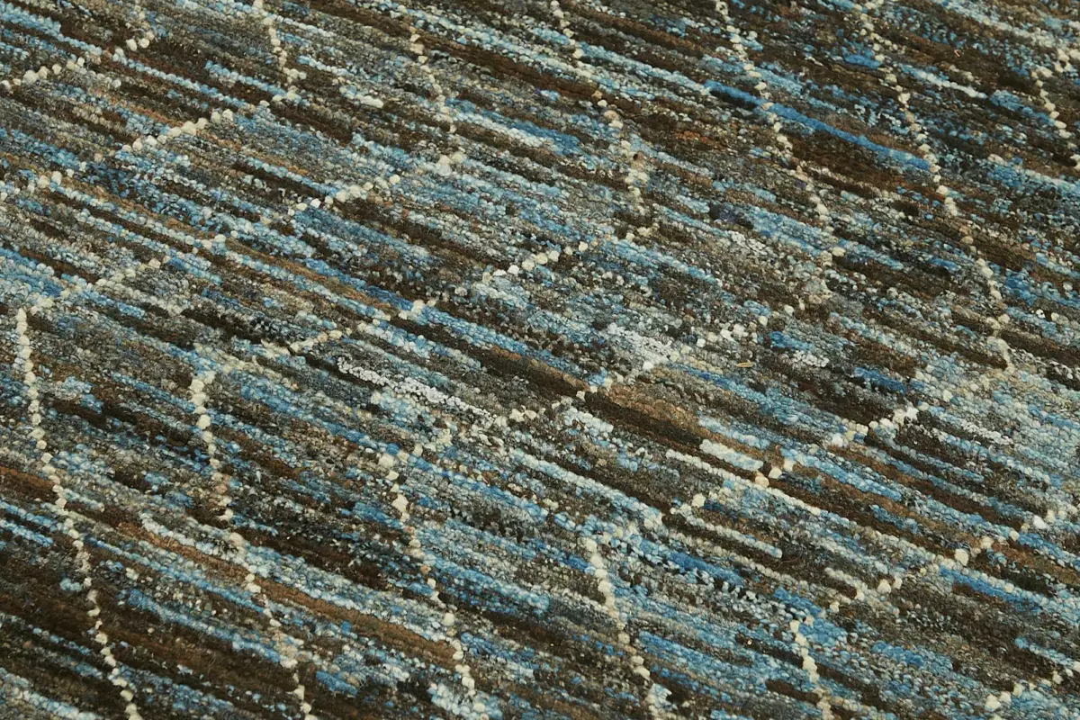 Tribal Modern Dizayn Mavi Pamuk Üzerine Yün El Dokuma Halı-091x295 - Görsel 5