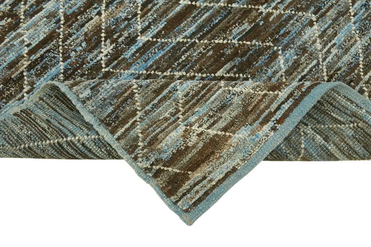 Tribal Modern Dizayn Mavi Pamuk Üzerine Yün El Dokuma Halı-091x295 - Görsel 6