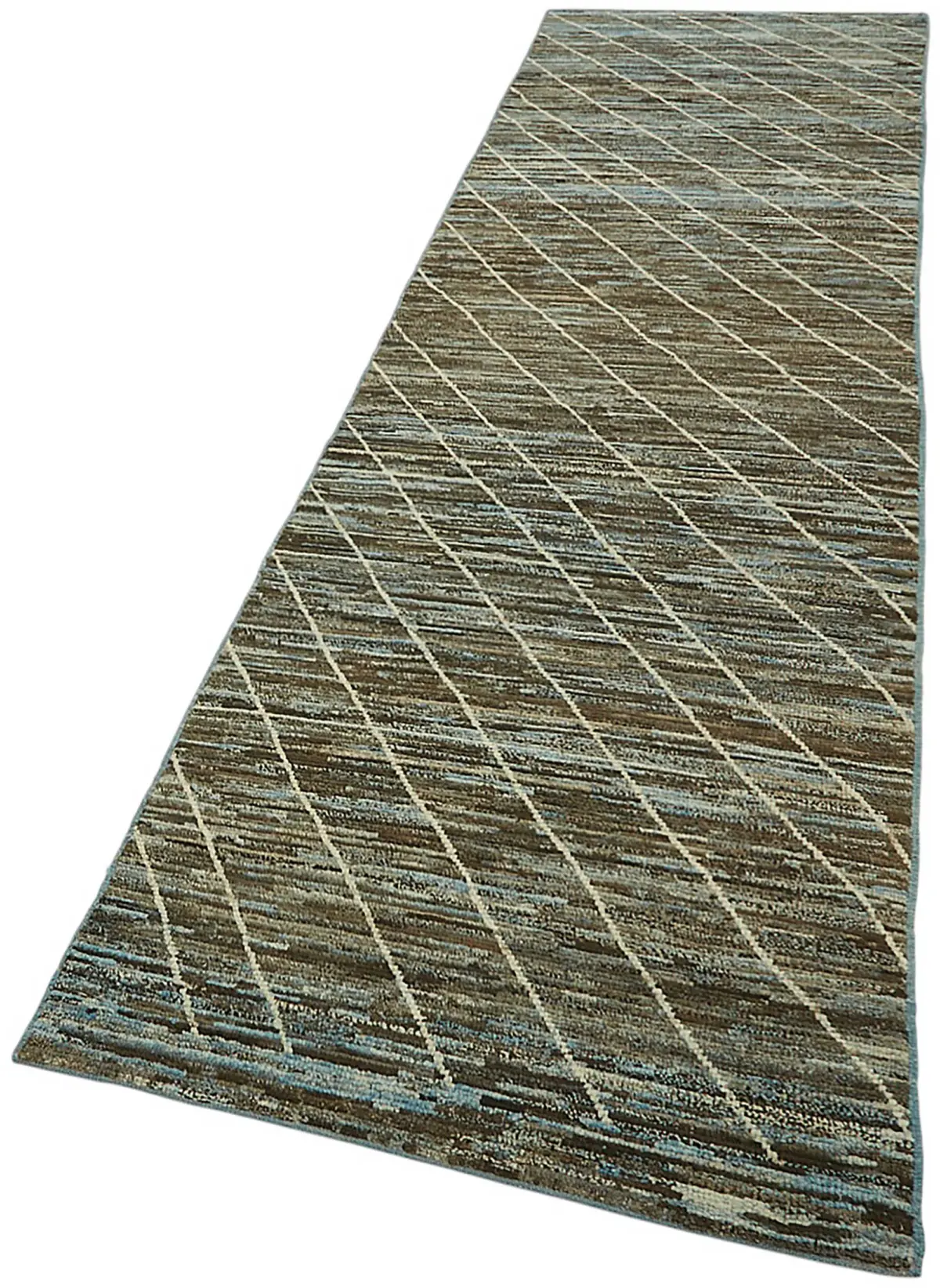 Tribal Modern Dizayn Mavi Pamuk Üzerine Yün El Dokuma Halı-089x341 - Görsel 3